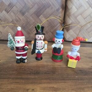 Vintage Christmas Ornaments Hand Painted Wooden Santa, Snowman & Band Members